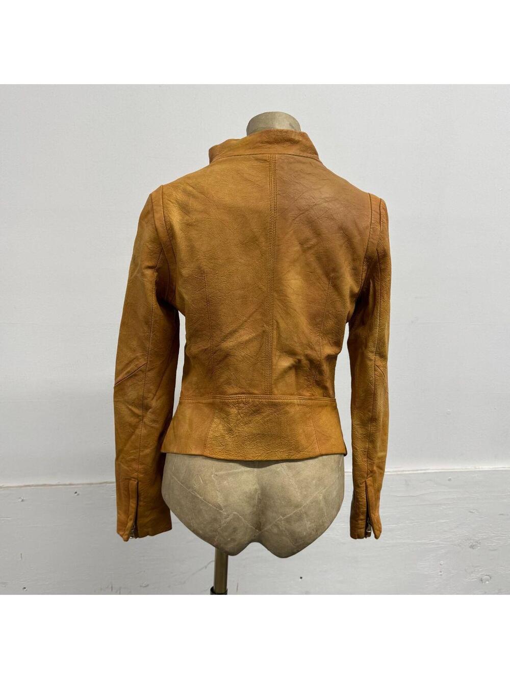 Vintage Tan Funnel Neck Asymmetric Avant Garde Leather Jacket - Picture 4 of 8